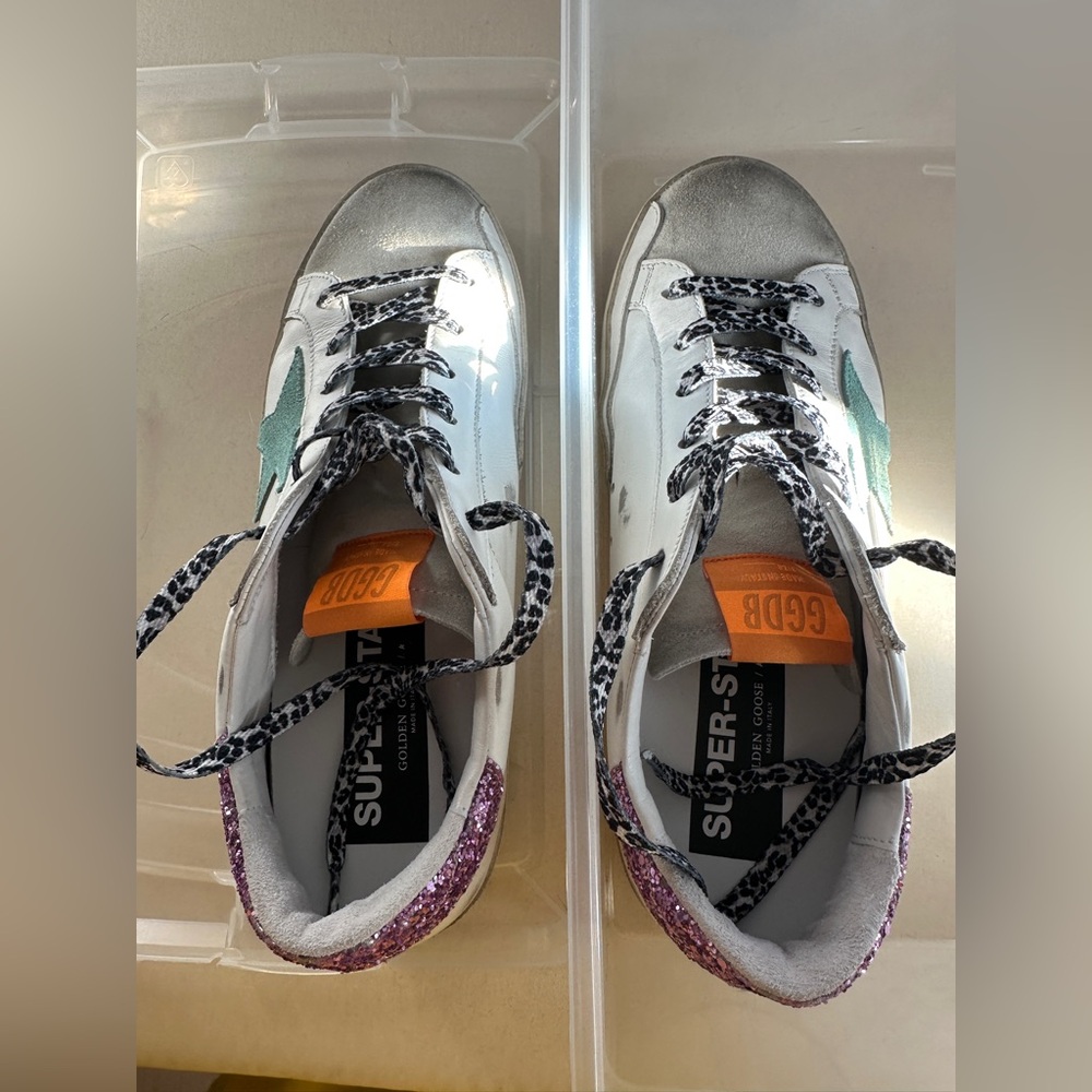 Golden Goose women’s Super Star low top sneaker. Size 39. Purple/teal/white.